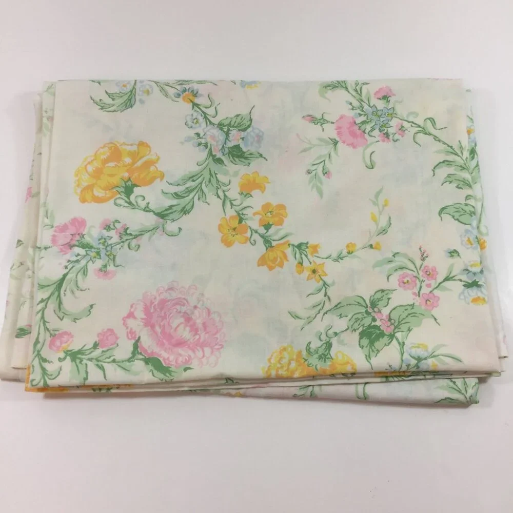 Vintage 1970s Sears Roebuck And Co Floral Perma-Prest Muslin Twin Flat Bed Sheet